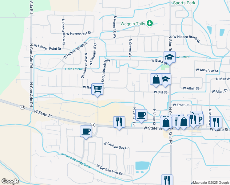 map of restaurants, bars, coffee shops, grocery stores, and more near 343 North Center Street in Star