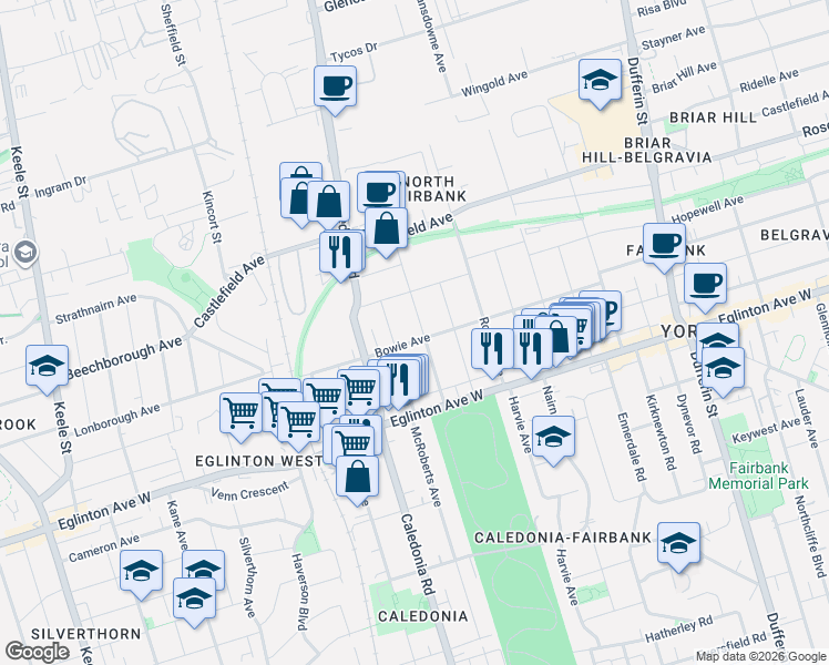 map of restaurants, bars, coffee shops, grocery stores, and more near 40 Montcalm Avenue in Toronto