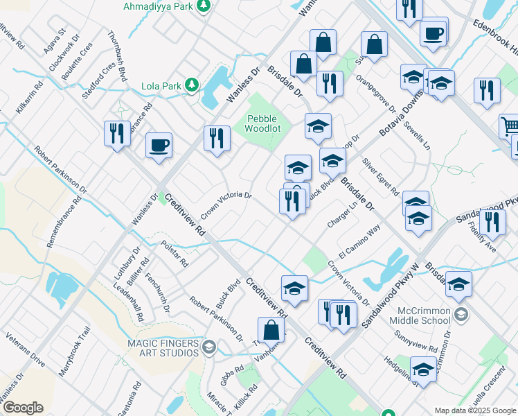 map of restaurants, bars, coffee shops, grocery stores, and more near 84 Crown Victoria Drive in Brampton