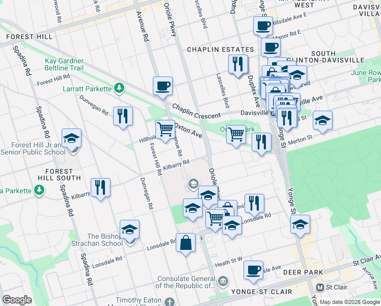 map of restaurants, bars, coffee shops, grocery stores, and more near 6 Highbourne Road in Toronto