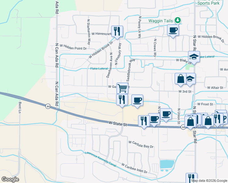 map of restaurants, bars, coffee shops, grocery stores, and more near 12071 West Endsley Street in Star