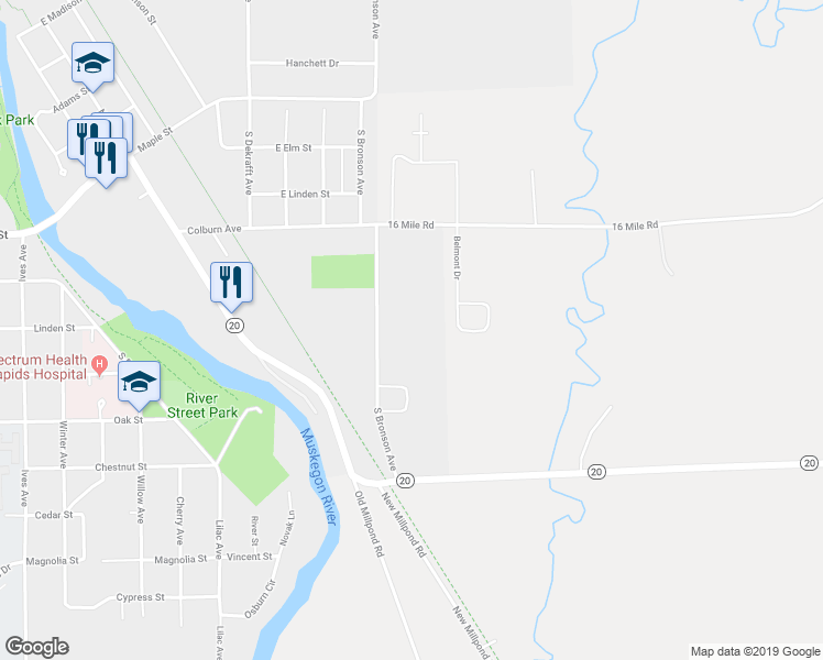 map of restaurants, bars, coffee shops, grocery stores, and more near 15830 190th Avenue in Big Rapids