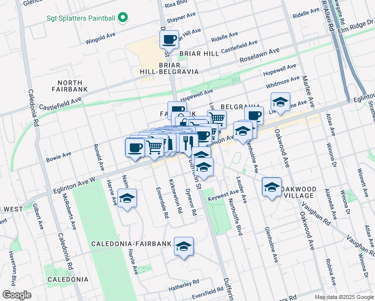 map of restaurants, bars, coffee shops, grocery stores, and more near Eglinton Ave W & Dufferin St in Toronto