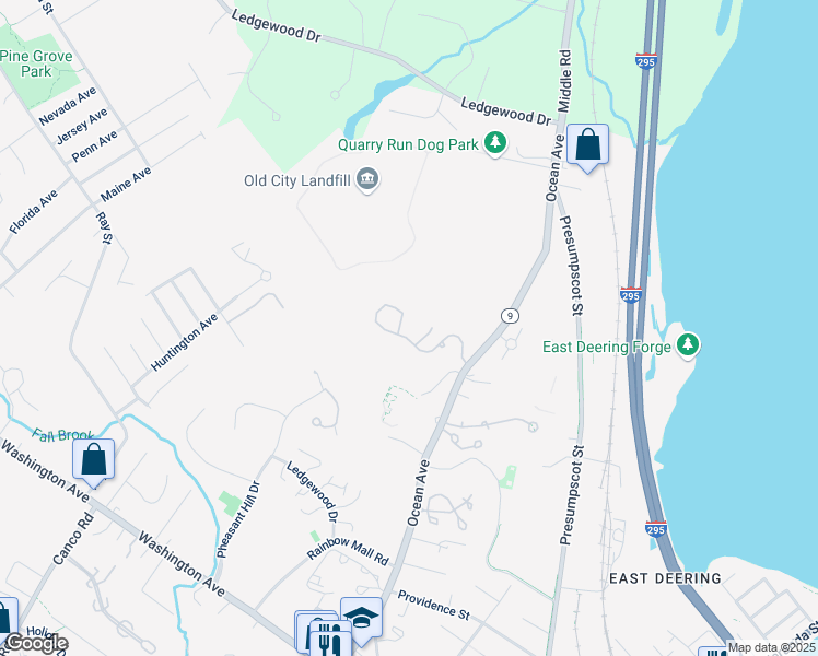 map of restaurants, bars, coffee shops, grocery stores, and more near 184 Ridge Road in Portland