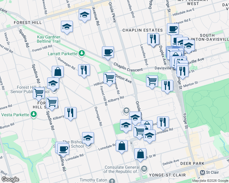 map of restaurants, bars, coffee shops, grocery stores, and more near in Toronto