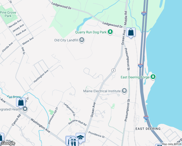 map of restaurants, bars, coffee shops, grocery stores, and more near 184 Ridge Road in Portland
