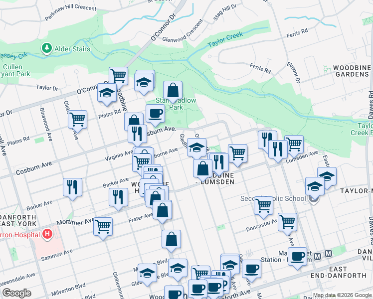 map of restaurants, bars, coffee shops, grocery stores, and more near in Toronto