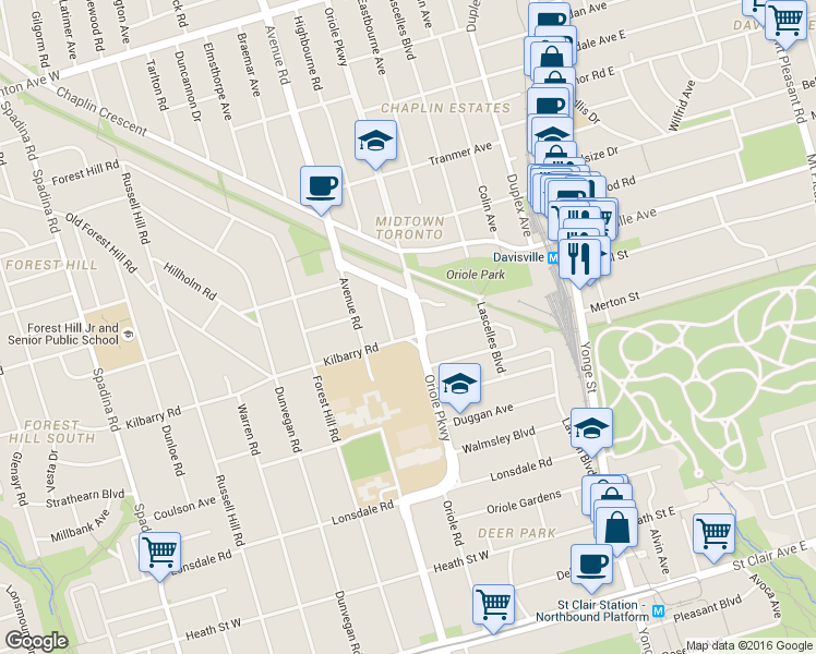 map of restaurants, bars, coffee shops, grocery stores, and more near in Toronto