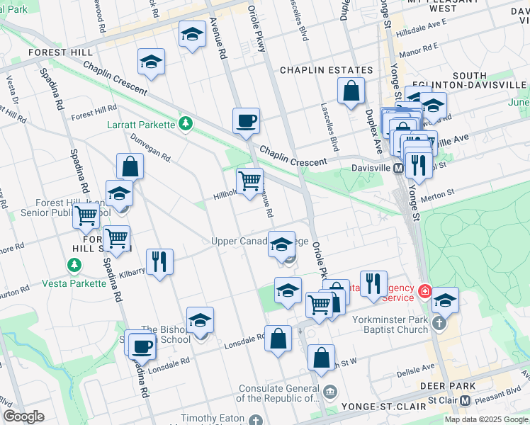 map of restaurants, bars, coffee shops, grocery stores, and more near in Toronto