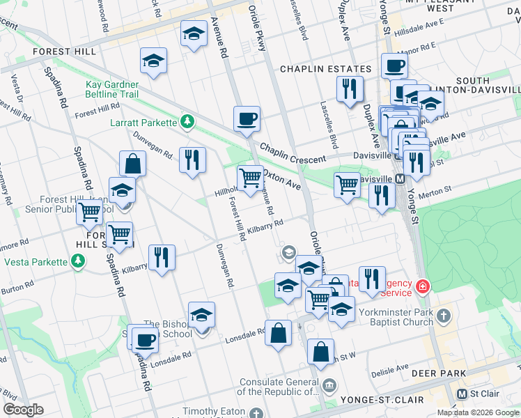 map of restaurants, bars, coffee shops, grocery stores, and more near in Toronto