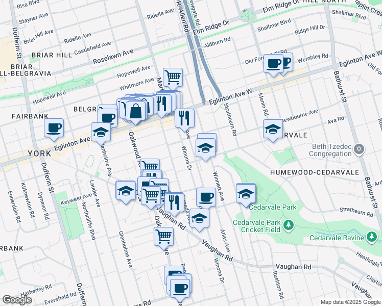 map of restaurants, bars, coffee shops, grocery stores, and more near in Toronto