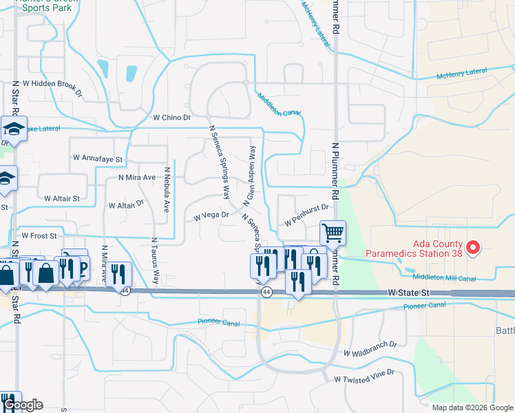 map of restaurants, bars, coffee shops, grocery stores, and more near 9998 West Pettit Court in Star
