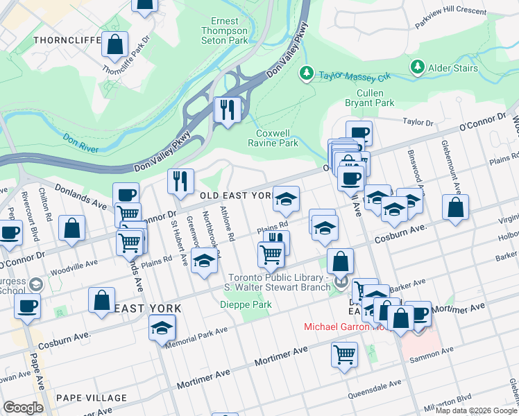 map of restaurants, bars, coffee shops, grocery stores, and more near 54 Derwyn Road in Toronto
