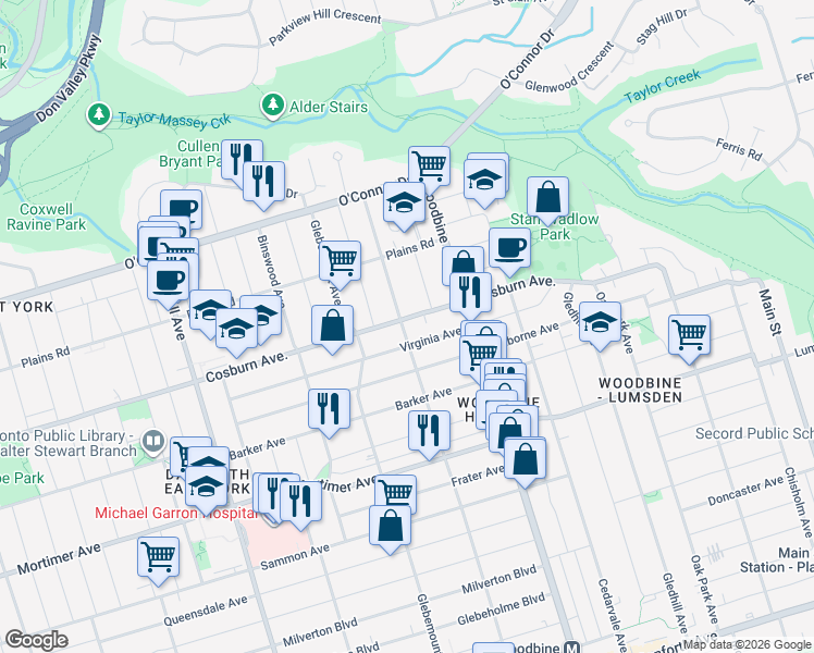 map of restaurants, bars, coffee shops, grocery stores, and more near 811 Cosburn Avenue in Toronto