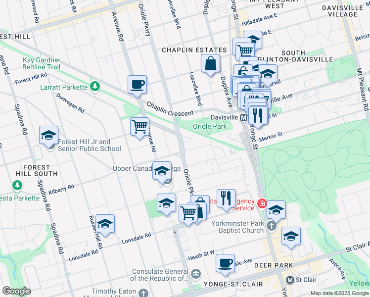 map of restaurants, bars, coffee shops, grocery stores, and more near 87 Oriole Parkway in Toronto