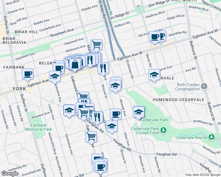 map of restaurants, bars, coffee shops, grocery stores, and more near in Toronto