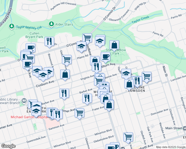 map of restaurants, bars, coffee shops, grocery stores, and more near 176 Virginia Avenue in Toronto