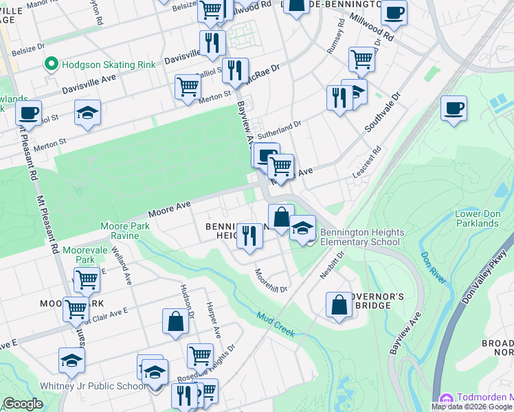 map of restaurants, bars, coffee shops, grocery stores, and more near 29 Evergreen Gardens in Toronto
