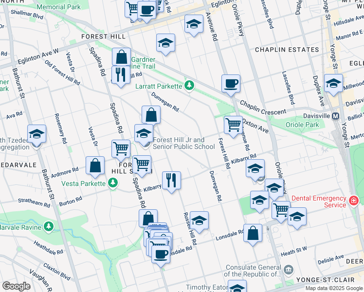 map of restaurants, bars, coffee shops, grocery stores, and more near 25 Old Forest Hill Road in Toronto