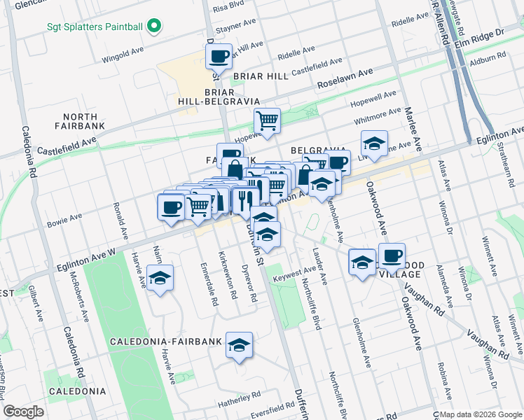 map of restaurants, bars, coffee shops, grocery stores, and more near in Toronto