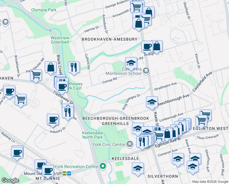 map of restaurants, bars, coffee shops, grocery stores, and more near 45 Greenbrook Drive in Toronto