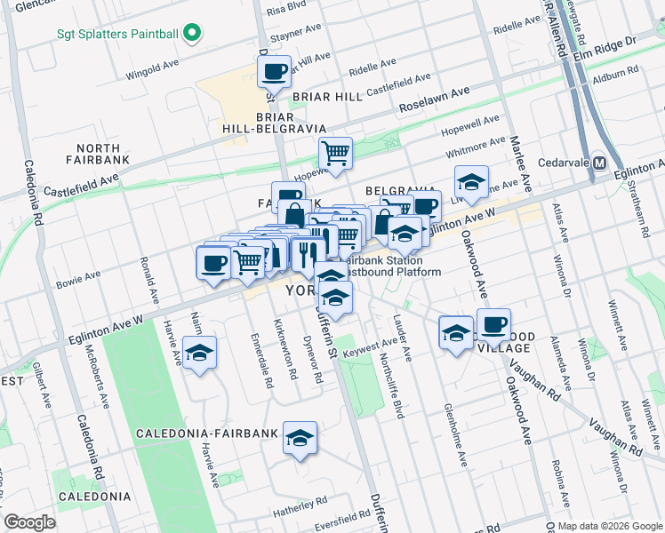 map of restaurants, bars, coffee shops, grocery stores, and more near 1801 Eglinton Avenue West in Toronto