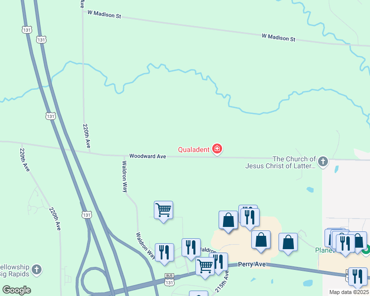 map of restaurants, bars, coffee shops, grocery stores, and more near 21590 Woodward Avenue in Big Rapids