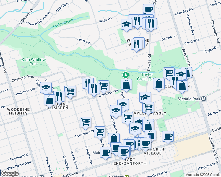 map of restaurants, bars, coffee shops, grocery stores, and more near 444 Lumsden Avenue in Toronto