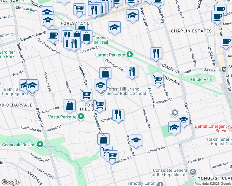 map of restaurants, bars, coffee shops, grocery stores, and more near 26 Old Forest Hill Road in Toronto