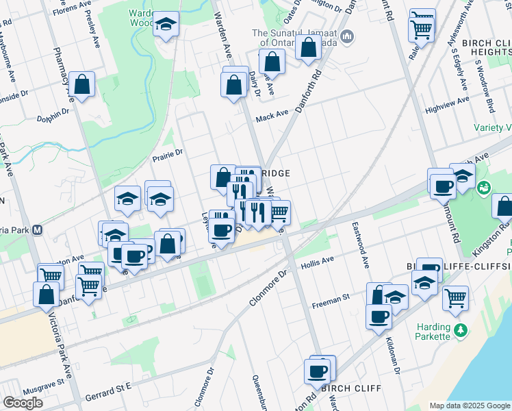 map of restaurants, bars, coffee shops, grocery stores, and more near in Toronto
