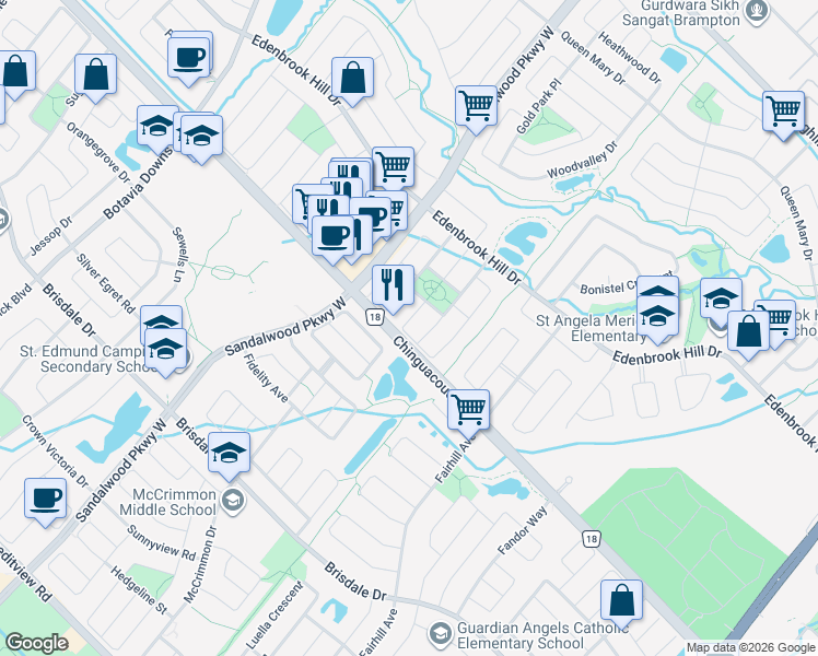 map of restaurants, bars, coffee shops, grocery stores, and more near 55 Peachleaf Crescent in Brampton