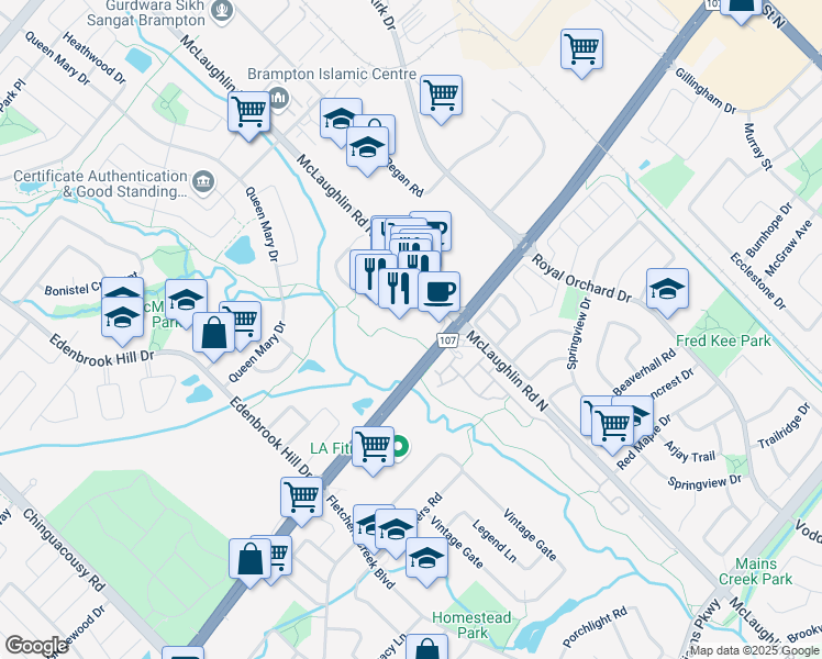 map of restaurants, bars, coffee shops, grocery stores, and more near 10088 McLaughlin Road in Brampton