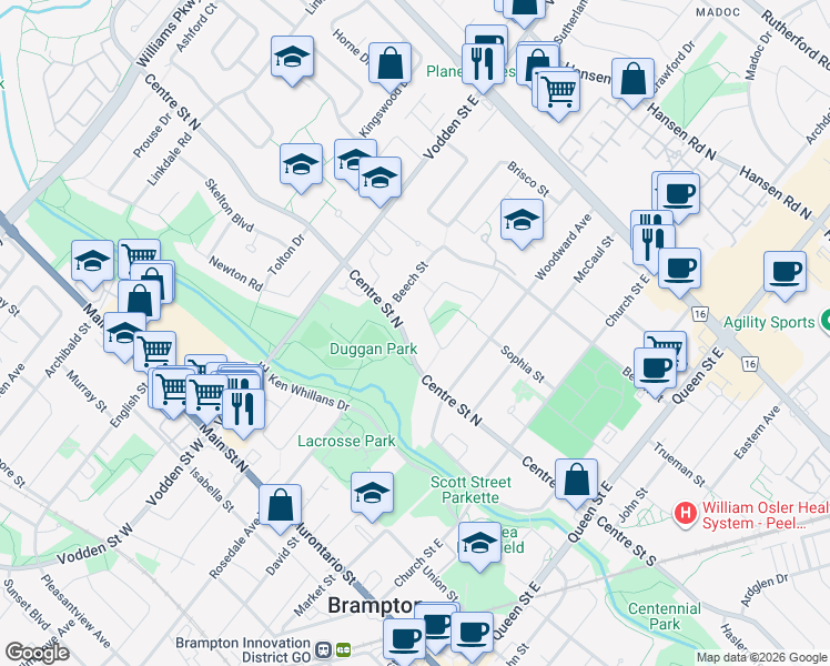 map of restaurants, bars, coffee shops, grocery stores, and more near 72 Salisbury Circle in Brampton