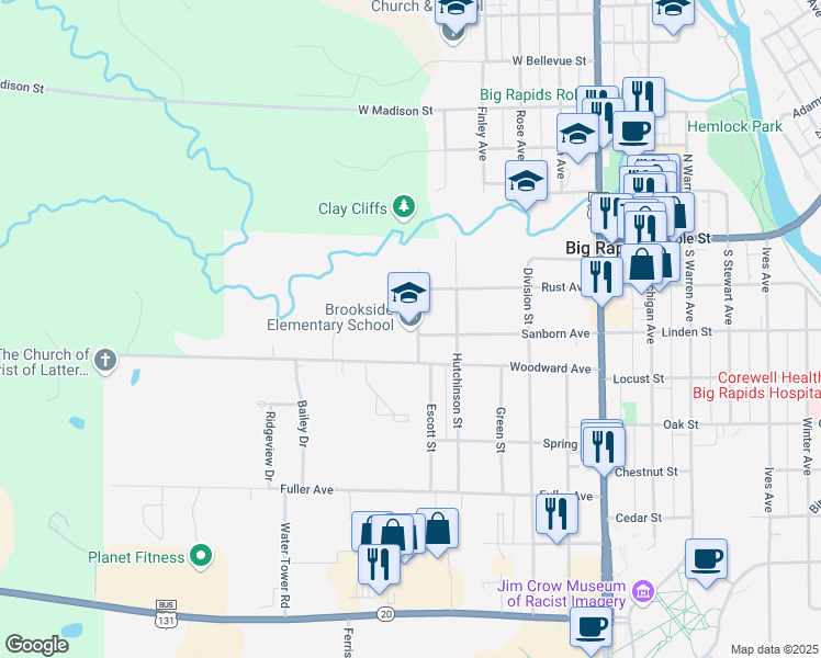 map of restaurants, bars, coffee shops, grocery stores, and more near 210 Escott Street in Big Rapids