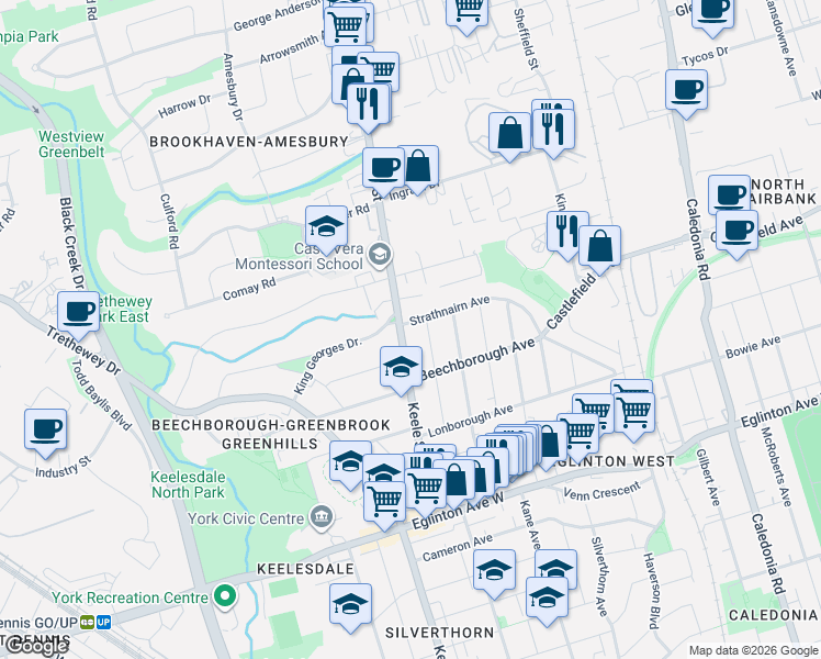 map of restaurants, bars, coffee shops, grocery stores, and more near 199 Strathnairn Avenue in Toronto