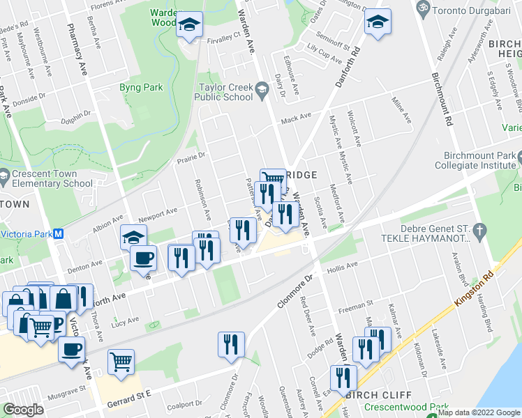 map of restaurants, bars, coffee shops, grocery stores, and more near 11 Patterson Avenue in Toronto