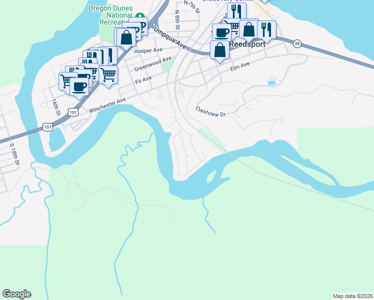 map of restaurants, bars, coffee shops, grocery stores, and more near 100 River Bend Road in Reedsport