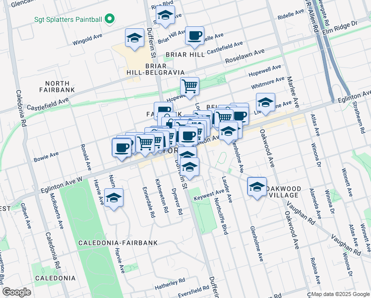map of restaurants, bars, coffee shops, grocery stores, and more near 1807 Eglinton Avenue West in Toronto