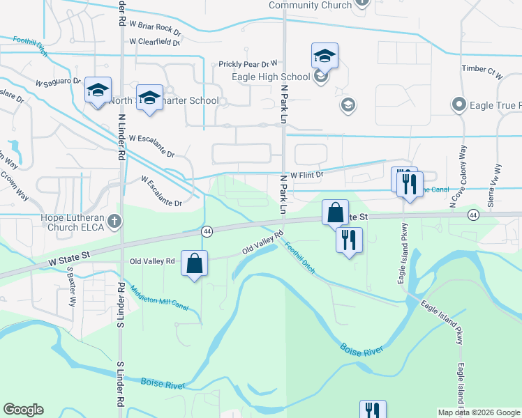 map of restaurants, bars, coffee shops, grocery stores, and more near 101 Park Lane in Eagle