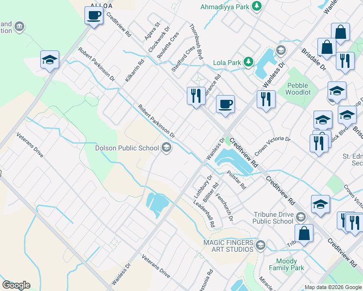 map of restaurants, bars, coffee shops, grocery stores, and more near 262 Robert Parkinson Drive in Brampton