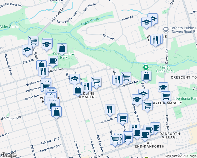 map of restaurants, bars, coffee shops, grocery stores, and more near 7 Cambrai Avenue in Toronto