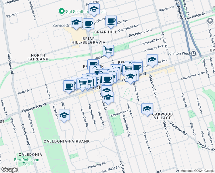 map of restaurants, bars, coffee shops, grocery stores, and more near in Toronto