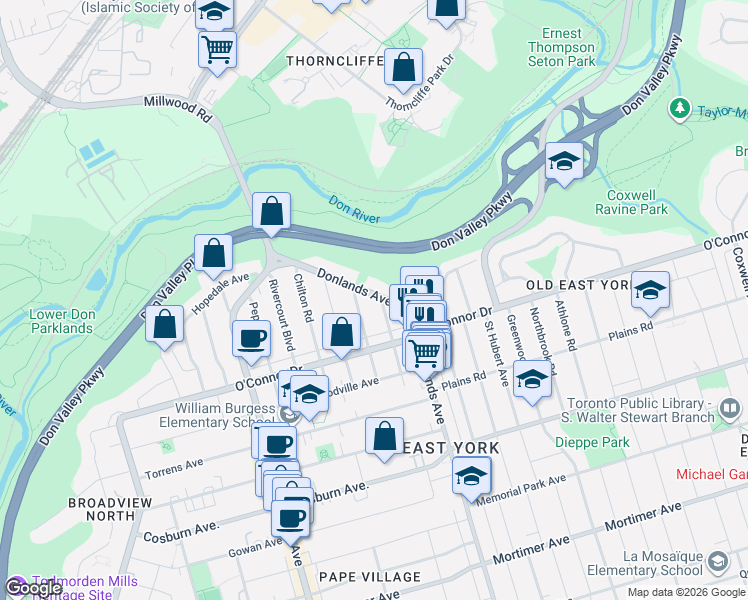 map of restaurants, bars, coffee shops, grocery stores, and more near 484 Donlands Avenue in Toronto