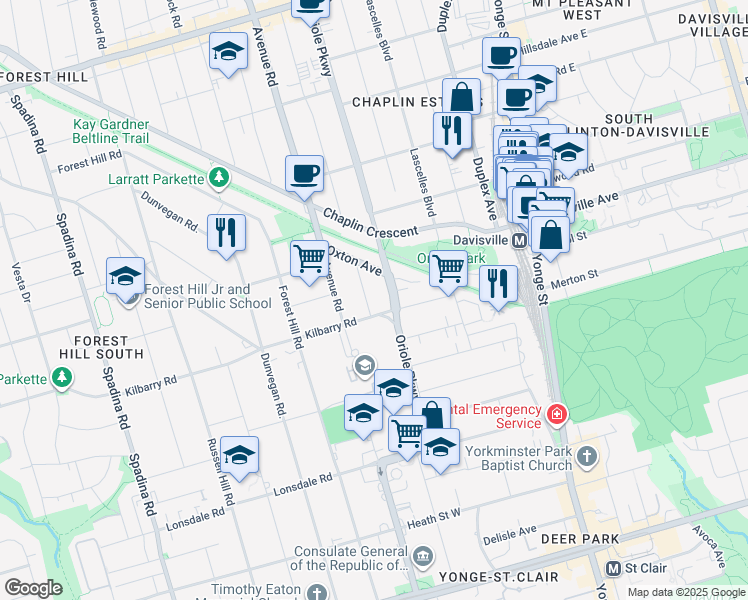 map of restaurants, bars, coffee shops, grocery stores, and more near 7 Highbourne Road in Toronto