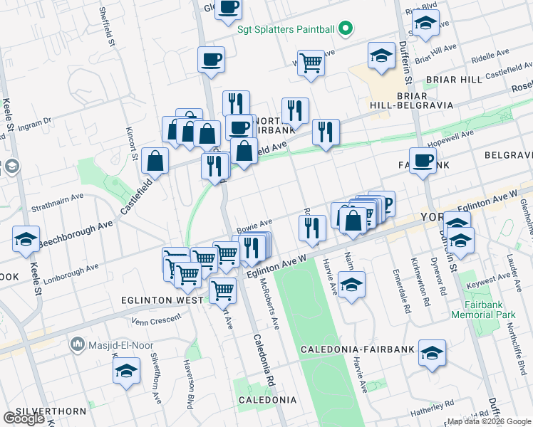 map of restaurants, bars, coffee shops, grocery stores, and more near Montcalm Avenue in Toronto