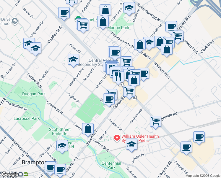 map of restaurants, bars, coffee shops, grocery stores, and more near 16 Charles Street in Brampton