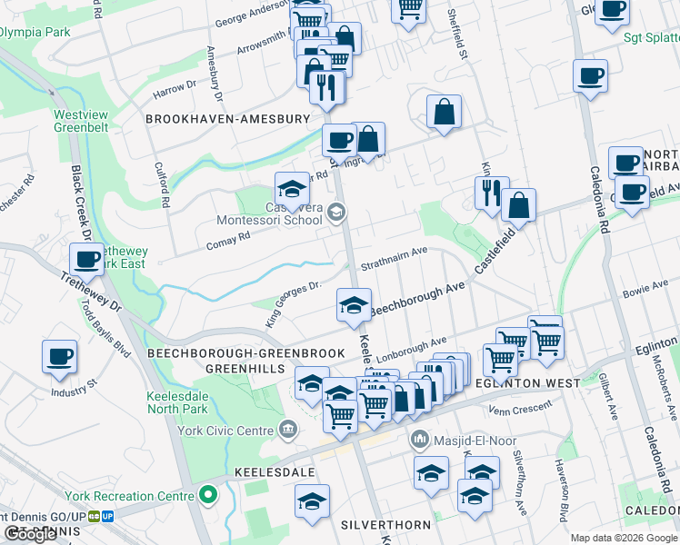 map of restaurants, bars, coffee shops, grocery stores, and more near 18 King Georges Drive in Toronto