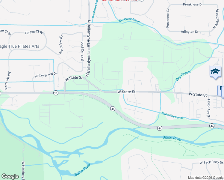 map of restaurants, bars, coffee shops, grocery stores, and more near 1770 West State Street in Eagle