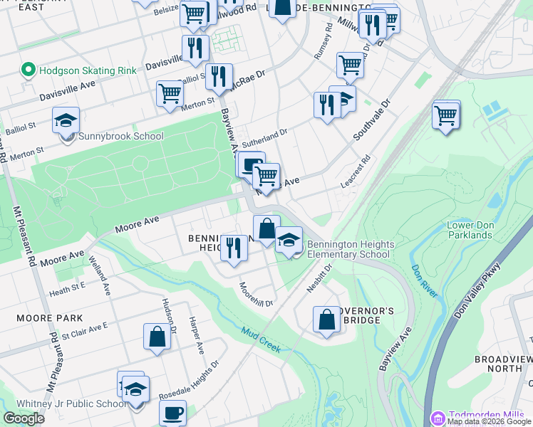 map of restaurants, bars, coffee shops, grocery stores, and more near 996 Bayview Avenue in Toronto