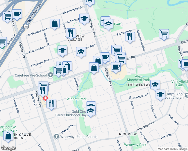 map of restaurants, bars, coffee shops, grocery stores, and more near 265 Dixon Road in Toronto